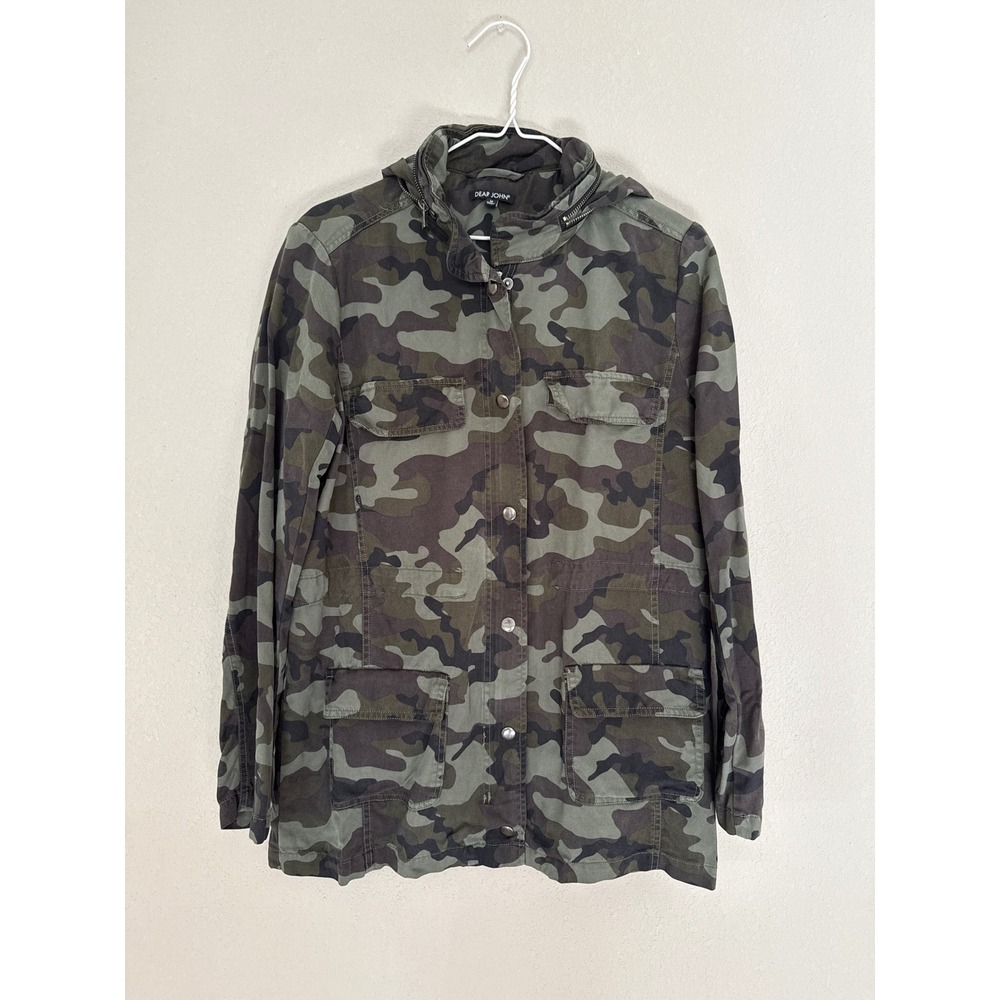 Dear John Camo Utility Jacket Women Size M Green Camouflage Hooded Tencel Field